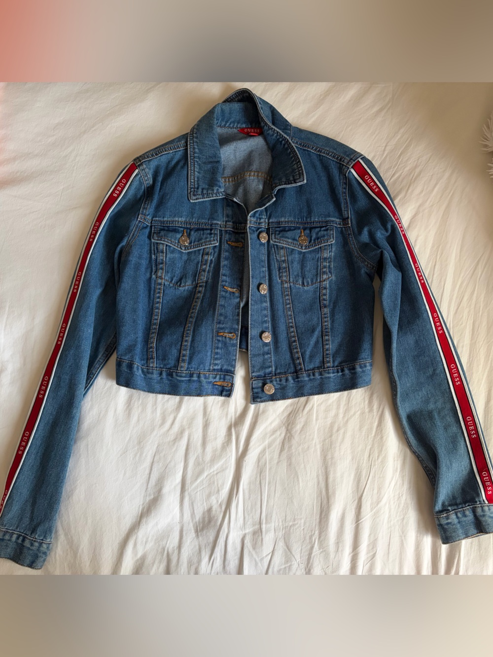 Guess Blue Denim Jacket with Red Logo Tab